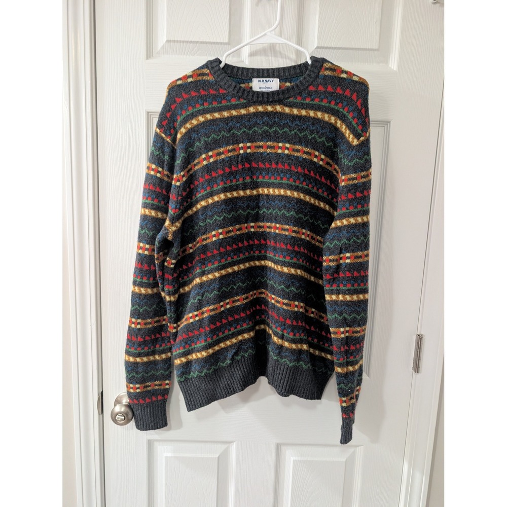 Old Navy, So Soft Grandpa Sweater, Gray Large, Geometric Retro Funky Crew Neck